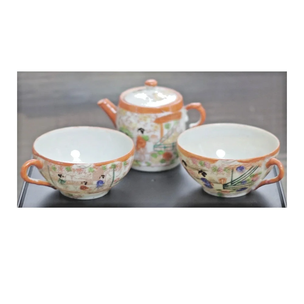 Vintage Japanese Eggshell Porcelain Lithophane Tea Set Teapot 2 Cups AS IS